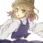  :o amase_(siki696) blonde_hair hair_ornament hair_ribbon hat looking_at_viewer looking_back lowres moriya_suwako ribbon short_hair solo touhou wide_sleeves yellow_eyes 