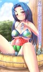  ball beachball between_breasts bikini blue_hair bottle breasts highres idolmaster idolmaster_(classic) marble miura_azusa ramune red_eyes solo submerged swimsuit toki_(tokinokogiri) translation_request watermelon_beachball 