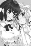  animal_ears bow bowtie bridal_gauntlets detached_sleeves dress_shirt greyscale hand_on_another's_head hat head_on_shoulder inubashiri_momiji kanda_aya monochrome multiple_girls shameimaru_aya shirt short_hair smile tears touhou upper_body wolf_ears 