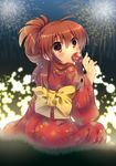  aerial_fireworks brown_hair candy_apple fireworks food hano_haruka japanese_clothes kimono little_busters! long_hair natsume_rin ponytail red_eyes red_kimono solo yukata 