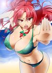  alternate_eye_color bikini bow braid breasts cleavage fangs groin hair_bow hong_meiling large_breasts lens_flare long_hair mattari_yufi navel open_mouth red_eyes red_hair solo strap_gap swimsuit thigh_gap touhou twin_braids underboob 