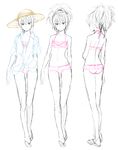  ass_visible_through_thighs back bare_legs bare_shoulders bikini_skirt darker_than_black expressionless flat_chest front-tie_top hat how_to jacket jacket_over_swimsuit kawakami_rokkaku legs midriff navel ponytail sandals sketch slender standing sun_hat swimsuit yin 