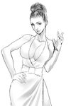  1girl breasts cleavage dress excella_gionne female hair_bun highres katotepe katou_teppei large_breasts monochrome no_bangs pixiv_manga_sample resident_evil resident_evil_5 resized simple_background solo 
