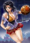  basketball black_hair blue_eyes breasts cleavage collarbone ge_xi highres large_breasts original rain school_uniform shirt skirt solo watermark web_address wet wet_clothes wet_shirt yellow_eyes 