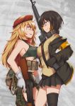  2girls ak47_(girls_frontline) armband bangs belt_pouch beret black_legwear blonde_hair blue_eyes bra braid breasts brown_hair camouflage camouflage_shorts clip coat commentary_request cowboy_shot explosive eyepatch girls_frontline gloves green_bra grenade grey_background gun hat highres jacket long_hair m16a1 m16a1_(girls_frontline) multicolored_hair multiple_girls open_clothes open_coat persocon93 pleated_skirt pouch red_scarf scarf shorts single_thighhigh skirt smile streaked_hair thighhighs trigger_discipline underwear vest weapon yellow_vest 