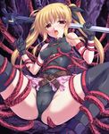  bardiche bare_shoulders belt black_legwear blonde_hair blush breasts cameltoe covered_nipples fate_testarossa gloves highres leotard long_hair lyrical_nanoha mahou_shoujo_lyrical_nanoha medium_breasts open_mouth red_eyes solo spread_legs tentacles thighhighs twintails wakou_tensui 