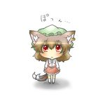  animal_ears bad_id bad_pixiv_id blush brown_hair cat_ears cat_tail chen chibi earrings hat jewelry looking_up multiple_tails rebecca_(keinelove) red_eyes solo standing tail touhou 