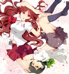  green_eyes green_hair inazuma_eleven inazuma_eleven_(series) kino_aki kusa_chuu long_hair multiple_girls open_mouth pink_eyes raimon_natsumi red_hair ribbon school_uniform short_hair skirt undressing 