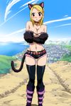  animal_ears bare_shoulders bell blonde_hair blush boots breasts brown_eyes cat_ears catgirl cleavage fairy_tail highres hotpants large_breasts long_hair lucy_heartfilia midriff short_shorts shorts solo stitched thighhighs 