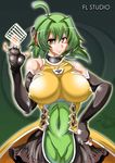  ahoge amber_eyes bare_shoulders breasts elbow_gloves erect_nipples fingerless_gloves fl-chan fl_studio gloves green_hair hand_on_hip headphones headset hips instrument large_breasts microphone music piano piano_print shisoworld short_hair smile solo yellow_eyes 