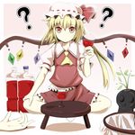  ? ascot bad_id bad_pixiv_id blonde_hair confused cup drink drinking_glass flandre_scarlet hands hat highres holding indian_style looking_at_viewer plant red_eyes sanpei_(artist) side_ponytail sitting solo table touhou trash_can wine_glass wings 