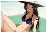  1girl akiyama_mio bikini_top black_eyes black_hair blush bottomless breasts cleavage commentary_request covered_nipples frame hat hetero k-on! kaiga long_hair medium_breasts navel partial_commentary pubic_hair sex shade spread_legs straw_hat sun_hat sweat vaginal 
