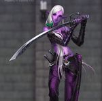  dark_elf drow elf pointy_ears purple_skin sword weapon wen-m white_hair 
