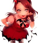  :d ameri00 bat brown_hair dress face fang fingerless_gloves garter_straps gloves hairband hand_on_hip hands idolmaster idolmaster_(classic) idolmaster_2 leaning_forward long_hair minase_iori my_dear_vampire nail_polish open_mouth red_eyes simple_background smile solo spider_web_print thighhighs vampire 