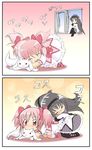  &gt;_&lt; 2koma akemi_homura black_hair closed_eyes comic hairband hug hug_from_behind kaname_madoka kneeling kyubey long_hair magical_girl mahou_shoujo_madoka_magica multiple_girls pantyhose pink_eyes pink_hair seminoyu short_hair silent_comic surprised translation_request twintails window yuri 