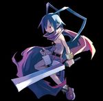  black_background blue_hair disgaea harada_takehito jewelry laharl long_hair male_focus official_art pendant pointy_ears red_eyes red_shorts scarf shorts solo sword weapon 