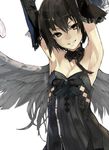  armpits arms_up bare_shoulders black_dress black_hair bow brown_eyes choker detached_sleeves dress feathers grin leather nil original short_hair smile solo wings zipper 