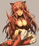 animal_ears armor bad_id bad_pixiv_id black_legwear breasts cat_ears cleavage cleavage_cutout gauntlets greaves guillotine_cross large_breasts long_hair open_mouth osoba_(bpns) pink_hair pointing ragnarok_online red_eyes simple_background sitting solo sweatdrop thighhighs 