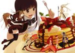  armor ass black_legwear bow brown_hair chocolate coffee drooling eating food fork fruit hair_bow hat highres in_food knife kokudou_juunigou minigirl multiple_girls original pancake plate ponytail raspberry simple_background skindentation strawberry sword syrup thighhighs twintails weapon whipped_cream 