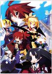  3girls adell_(disgaea) ahoge akutare_(disgaea) black_hair blonde_hair bow bright_pupils demon_girl demon_tail demon_wings disgaea dress etna everyone gloves harada_takehito long_hair makai_senki_disgaea_2 multiple_boys multiple_girls official_art pointy_ears prinny rozalin scan scar short_hair skirt slit_pupils smile tail tink_(disgaea) tongue twintails wings yellow_bow yukimaru 