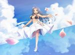  :d ahoge anklet barefoot bikini_top blue_hair breasts brown_eyes cleavage cloud day flower idolmaster idolmaster_(classic) jewelry large_breasts long_hair miura_azusa navel open_mouth petals ripples sky smile solo van-s water 
