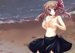  beach blonde_hair blush breasts covering covering_breasts groin hair_ribbon large_breasts long_hair navel red_eyes ribbon rumia s_black skirt solo topless touhou 