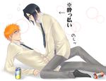  2boys black_hair bleach blush drunk glasses ishida_uryuu korosaki_ichigo kurosaki_ichigo lying male male_focus multiple_boys orange_hair socks soda_can sweatdrop translated uniform yaoi 