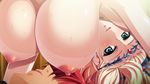  1boy 1girl afurodia blonde_hair blush breasts circlet game_cg green_eyes hanging_breasts huge_breasts kyonyuu_fantasy kyonyuu_fantasy_gaiden nipples ryuuto_henge sweat tiara underboob waffle 