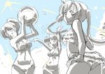  ball beachball bikini frills hirasawa_ui iga_tamaki k-on! long_hair looking_back monochrome multiple_girls nakano_azusa one_eye_closed ponytail short_hair spot_color suzuki_jun swimsuit twintails 