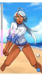  artist_request dark_skin orange_eyes silver_hair solo volleyball 