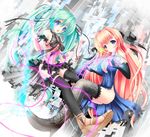  akairo_no_mako aqua_hair blue_eyes breasts cleavage dress elbow_gloves fishnets foreshortening garters gloves hatsune_miku large_breasts long_hair megurine_luka multiple_girls open_mouth red_hair skirt thighhighs twintails very_long_hair vocaloid 
