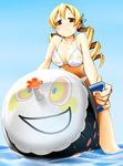 akitika bikini blonde_hair breasts brown_eyes charlotte_(madoka_magica) cleavage drill_hair floral_print hair_ornament highres inflatable_toy large_breasts long_hair looking_down mahou_shoujo_madoka_magica no_nose print_bikini smile solo straddling swimsuit tomoe_mami twin_drills twintails underboob water yellow_eyes 