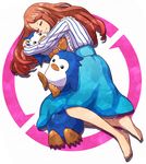  bad_id bad_pixiv_id barefoot bird feet hug long_hair long_legs mawaru_penguindrum penguin penguin_1-gou penguin_2-gou penguin_3-gou red_hair shirt simple_background skirt sleeping striped takakura_himari yoshi_kita 