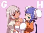  aq_interactive arcana_heart arcana_heart_2 atlus blonde_hair blush breast_press breasts cleavage dark_skin examu green_eyes hair_ornament hairclip large_breasts long_hair mei-fang misao_(kami_no_misoshiru) parace_l&#039;sia parace_l'sia purple_hair red_eyes robot_girl smile symmetrical_docking 