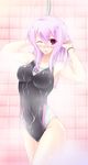  ahoge arms_up blush bracelet breasts competition_swimsuit cu-no highres hisenkaede jewelry large_breasts lavender_hair official_art one-piece_swimsuit one_eye_closed purple_eyes short_hair showering solo standing swimsuit yayoi_sakura 
