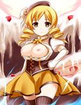  blonde_hair bow breasts brown_eyes corset dress drill_hair hand_on_hip highres large_breasts mahou_shoujo_madoka_magica nipples open_clothes smile solo thighhighs tomoe_mami yoshimo zettai_ryouiki 