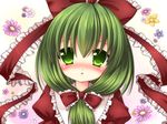  asazuki_kanai blush flower frills front_ponytail green_eyes green_hair hair_ribbon highres kagiyama_hina ribbon solo touhou 
