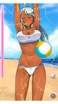  ball bikini breasts dark_skin large_breasts ponytail silver_hair solo swimsuit volleyball 