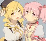  asymmetrical_docking bad_id bad_pixiv_id beret blonde_hair breast_press breasts choker drill_hair frills hair_ornament hair_ribbon hat kaname_madoka magical_girl mahou_shoujo_madoka_magica medium_breasts mota_(extpil) multiple_girls pink_eyes pink_hair ribbon short_twintails tomoe_mami twintails yellow_eyes 