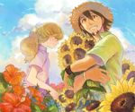  bad_id bad_pixiv_id barnaby_brooks_jr blonde_hair brown_eyes brown_hair cloud day facial_hair flower glasses green_eyes hat hibiscus kaburagi_t_kotetsu male_focus multiple_boys ruondea shirt sky straw_hat stubble sun_hat sunflower t-shirt tiger_&amp;_bunny 