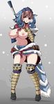  armor arzuros_(armor) bad_id bad_pixiv_id blue_eyes breasts brown_hair cold fur gloves highres hood large_breasts monster_hunter monster_hunter_portable_3rd navel nipples no_panties pussy snow solo thighhighs towashibuki 