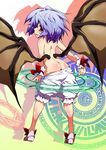 ass back bloomers bloomers_pull blue_hair from_behind hermmy highres looking_back magic_circle red_eyes remilia_scarlet short_hair solo topless touhou underwear underwear_only undressing white_bloomers wings wrist_cuffs 
