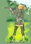  blonde_hair coh from_behind gun k.y. m1_carbine military military_uniform pigtails rifle short_twintails shovel thighhighs twintails uniform weapon worktool world_war_ii wwii 