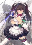  bad_id bad_pixiv_id blush bow breasts brown_hair cleavage frills garters hair_ribbon insecticide lens_flare long_hair maid maid_headdress matsumoto_mitsuaki medium_breasts original red_eyes ribbon skirt solo standing tears thighhighs twintails white_legwear wrist_cuffs 