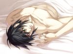  after_sex aftersex bare_shoulders bed bed_sheet collarbone green_eyes heterochromia jingai_makyou katsuki_kumon lying male male_focus nitroplus nude on_back red_eyes short_hair solo surprise surprised under_covers 