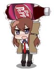  black_legwear blue_eyes blush brown_hair carrying carrying_overhead chibi dr_pepper heavy highres jacket legwear_under_shorts lifting long_hair makise_kurisu minigirl necktie netachou open_mouth pantyhose red_neckwear shorts simple_background solo steins;gate tears trembling 