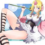  ankle_lace-up blonde_hair blue_eyes blush breasts cross-laced_footwear flower hair_flower hair_ornament haru-chan highres japanese_clothes large_breasts nippon_housou_kyoukai nishiide_kengorou obi older sash smile solo thighs 