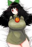  absurdres bed black_hair black_wings blush bow breasts crow_wings eye eyes female hair_bow hair_ribbon han64 han_(jackpot) highres huge_breasts long_hair lying no_pants red_eyes reiuji_utsuho solo sweater thighs touhou wings 