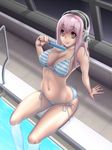  :p arched_back arm_support bikini breasts brown_eyes cleavage food headphones indoors large_breasts navel night nitroplus osafune_kairi pink_hair pool pool_ladder poolside popsicle rei_no_pool sitting soaking_feet solo striped striped_bikini super_sonico swimsuit tongue tongue_out water window 