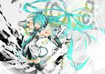  aqua_hair closed_eyes detached_sleeves floating_hair hatsune_miku headphones highres long_hair necktie open_mouth saihate_(d3) skirt solo thighhighs twintails very_long_hair vocaloid 